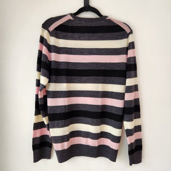 H&M 100% Merino Wool Crewneck Pullover Sweater Pink Grey Striped Men's M - Picture 2 of 7